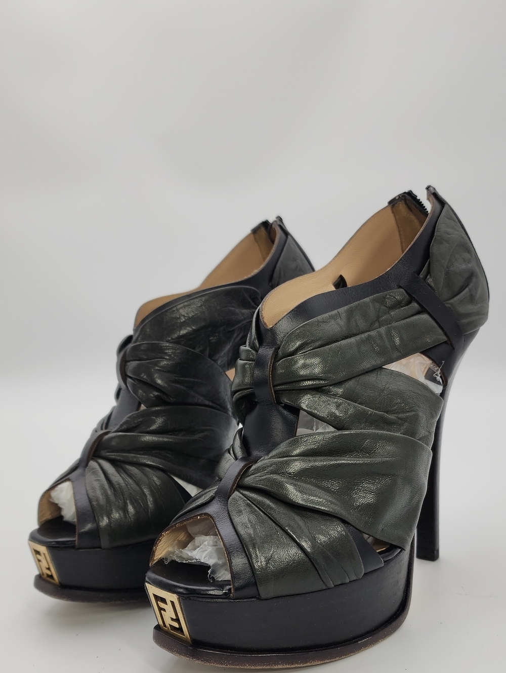 Fendi Zucca FF Logo Black Soft Lambskin Leather Platform Draped Heels Sz EU 39